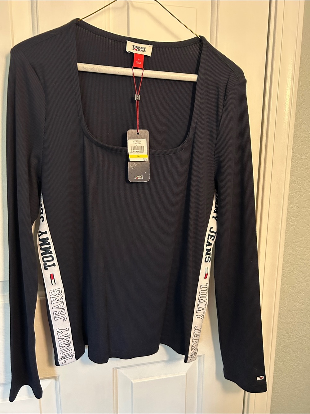 Tommy Hilfiger Black Long Sleeve Ribbed Scoop Neck Top with Side Logo Tape